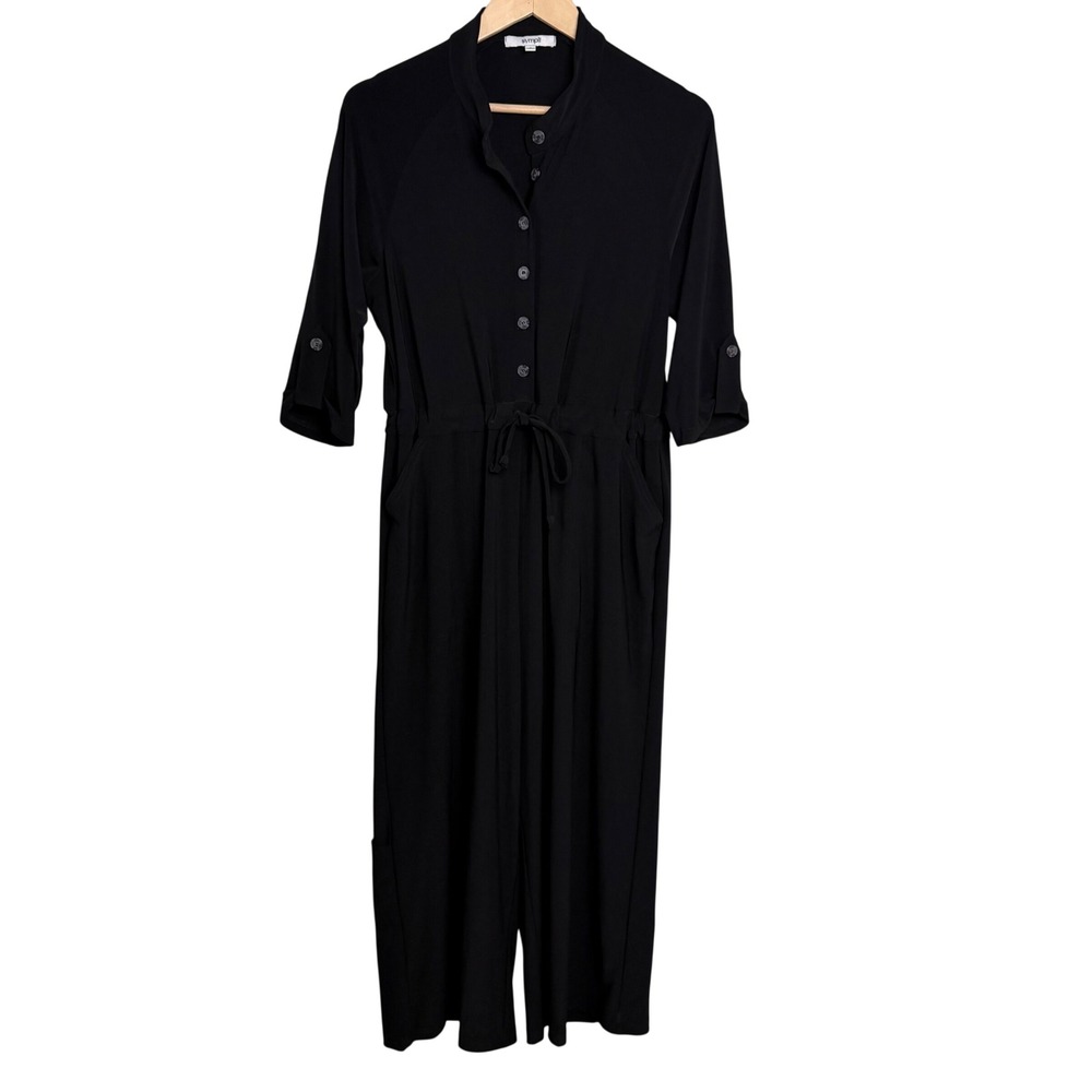 Sympli Black Stretch‎ Jersey Jumpsuit Button Front Drawstring Waist Pockets 6